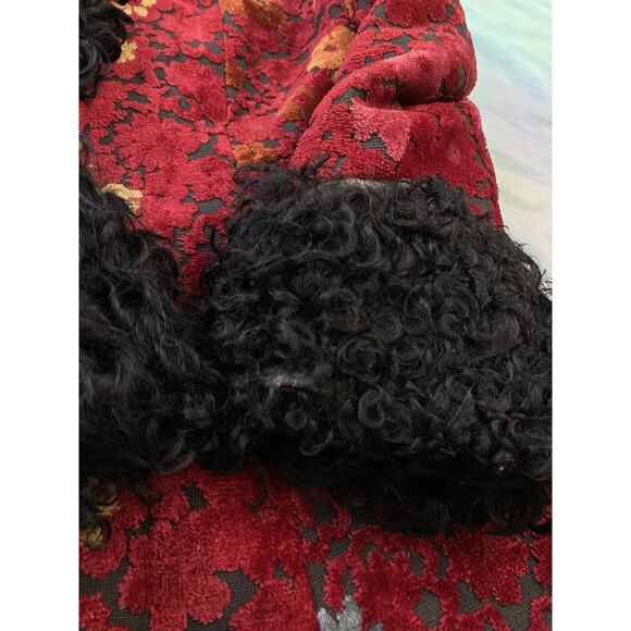 Vintage 60s 1960s HOODED Penny Lane Carpet Coat Red Tapestry Mongolian Fur Sz M - Picture 9 of 16